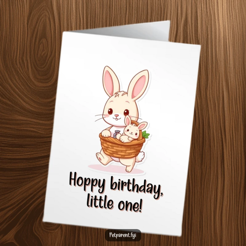 Funny Free Printable Rabbit Birthday Card showing a rabbit carrying a baby bunny in a basket, perfect for spring birthdays.