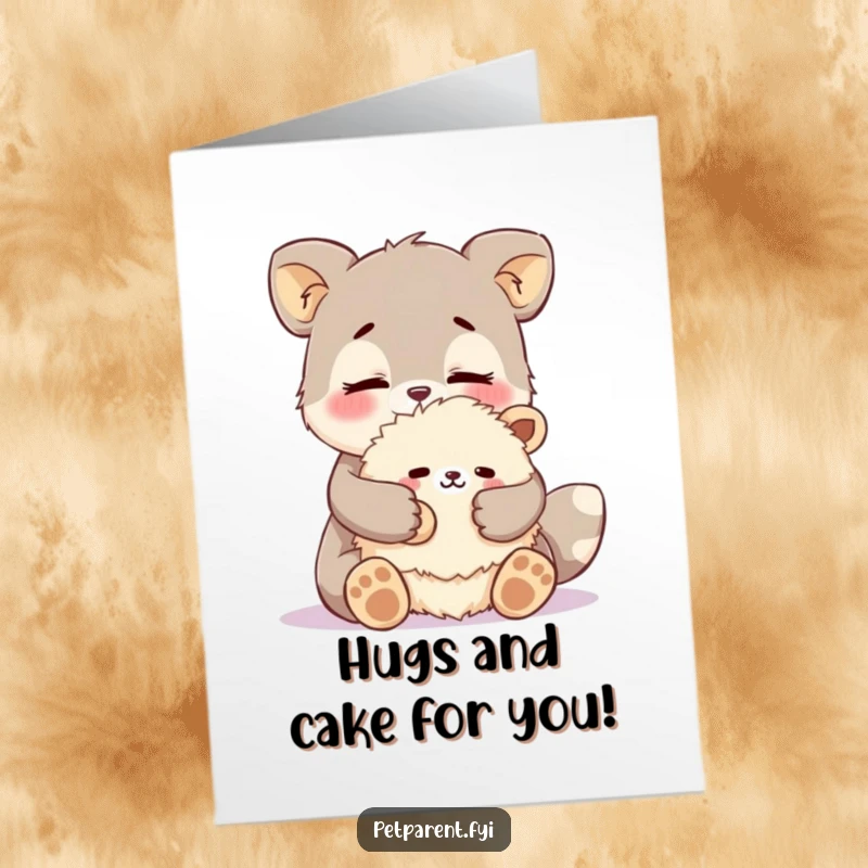 Funny Free Printable birthday card featuring an animal character cuddling a fluffy stuffed animal with tender affection.