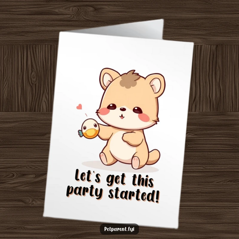 Funny Free Printable birthday card featuring a cute animal playfully tossing a tiny squeaky toy, full of energy.