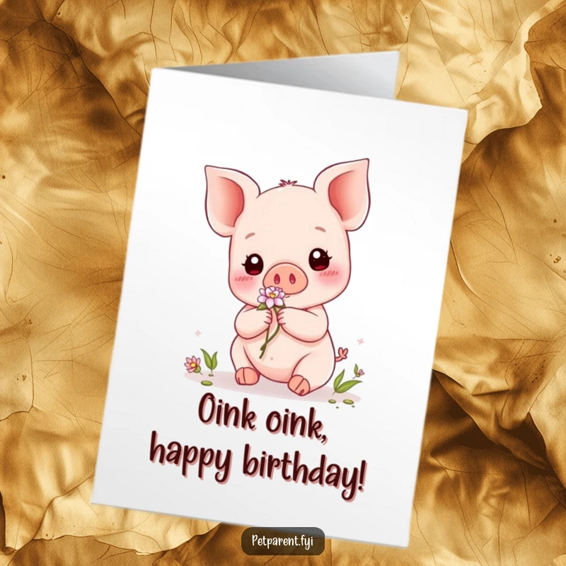 Funny Free Printable Kawaii Piglet Birthday Card: Cute piglet gently places a flower on a friend.