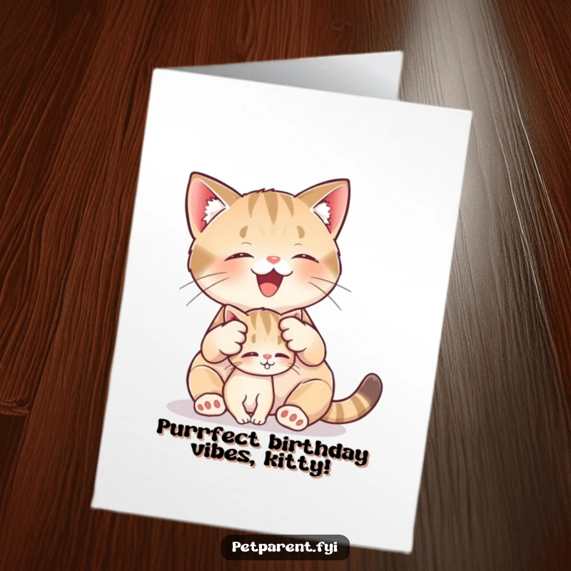 Funny Free Printable Cat Birthday Card showing a cat joyfully grooming a tiny kitten, perfect for cat lovers' birthdays.