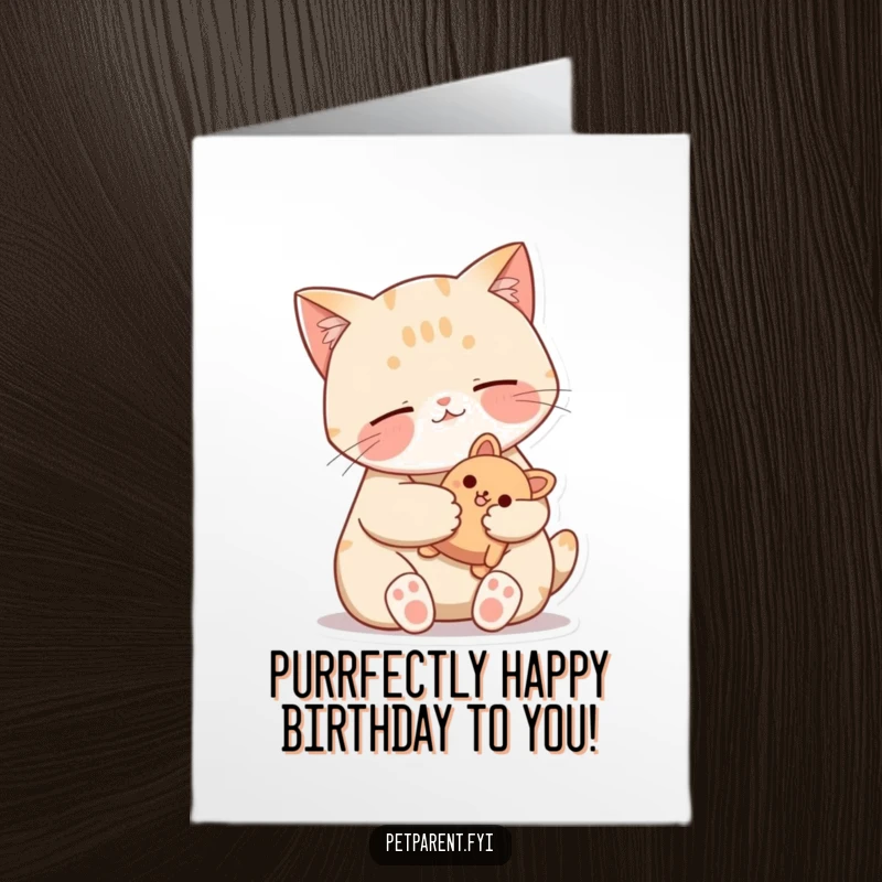 Funny Free Printable Birthday Card: Contented cat purrs happily while gently cradling a beloved small stuffed toy.