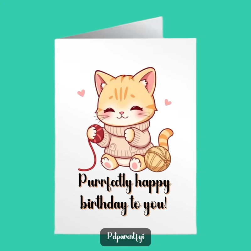 Free Printable Cozy Cat Birthday Card: Yarn Fun Humor Downloadable