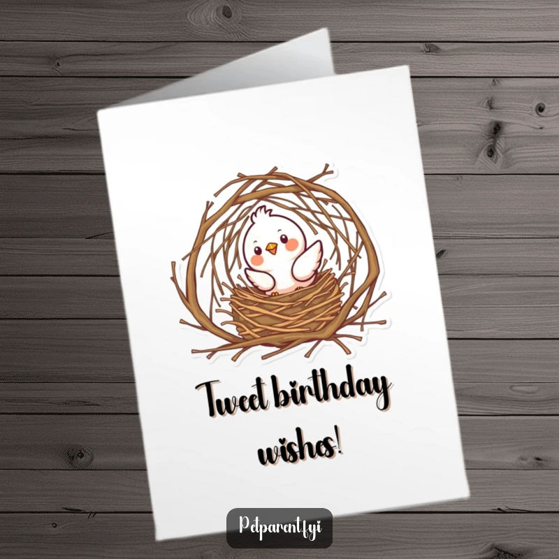 Funny Free Printable Birthday Card: A happy bird diligently weaving tiny twigs to build an intricate nest.
