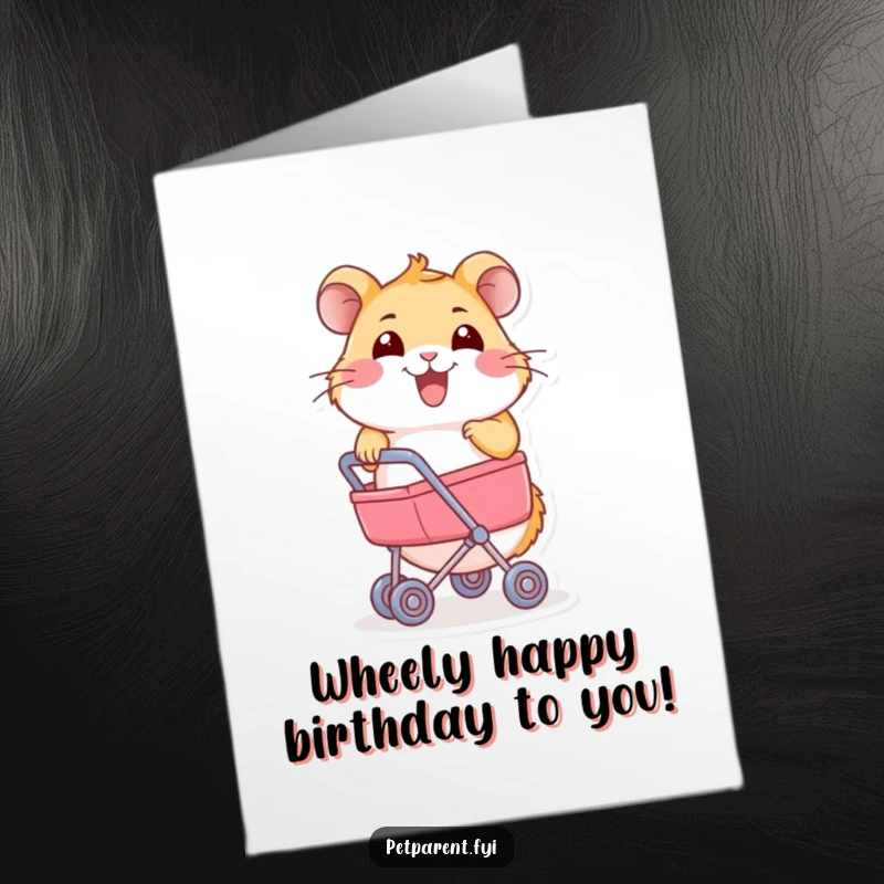 Funny free printable birthday card with a joyful hamster pushing a tiny stroller, ready for birthday celebrations.