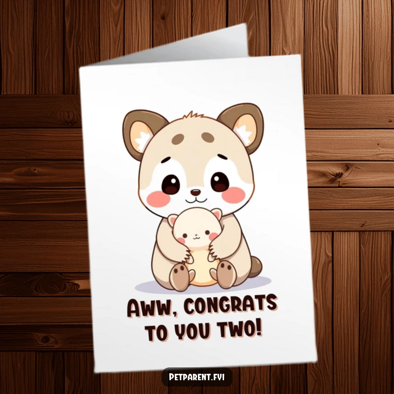 Funny free printable congrats card, cute animal cuddling tiny creature, downloadable art