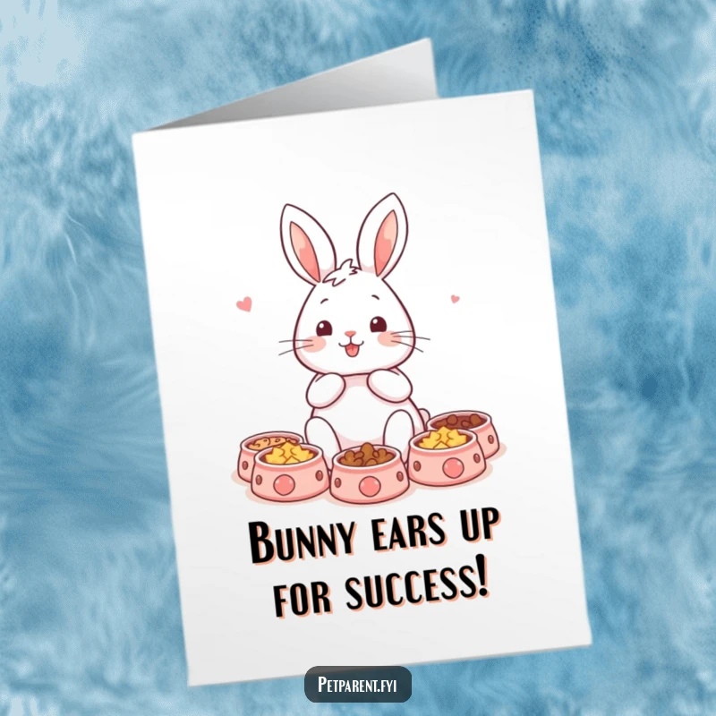 Funny Free Printable Rabbit Congratulations Card showing a happy rabbit surrounded by pet bowls, perfect for celebrating.