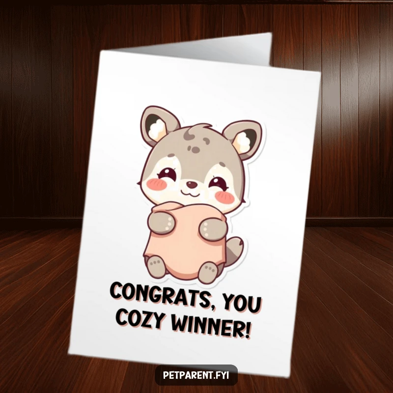 Funny Free Printable Congratulations Card: A smiling animal character embraces a small, warm, cozy blanket.