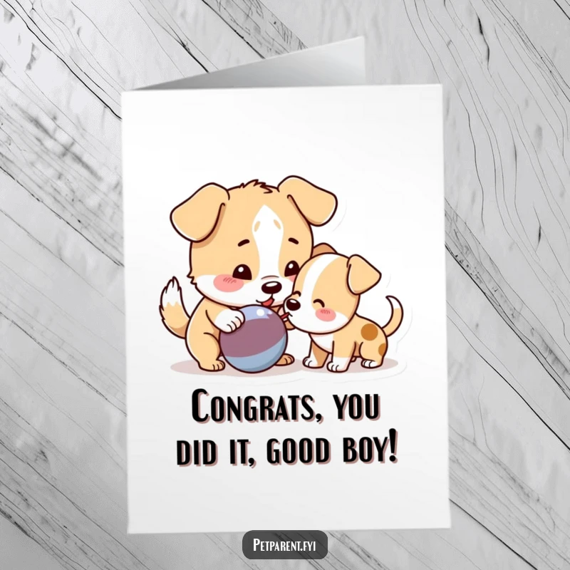 Funny Free Printable Congratulations Card: Playful dog encourages a puppy by nudging a squeaky toy, symbolizing shared fun.