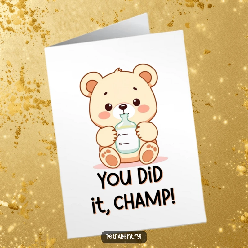 Funny Free Printable Congratulations Card: A nurturing bear character feeding a baby with a bottle, symbolizing new beginnings.