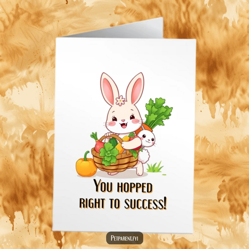 Funny Free Printable Congratulations Card: A delightful bunny proudly carries a huge basket overflowing with fresh vegetables.