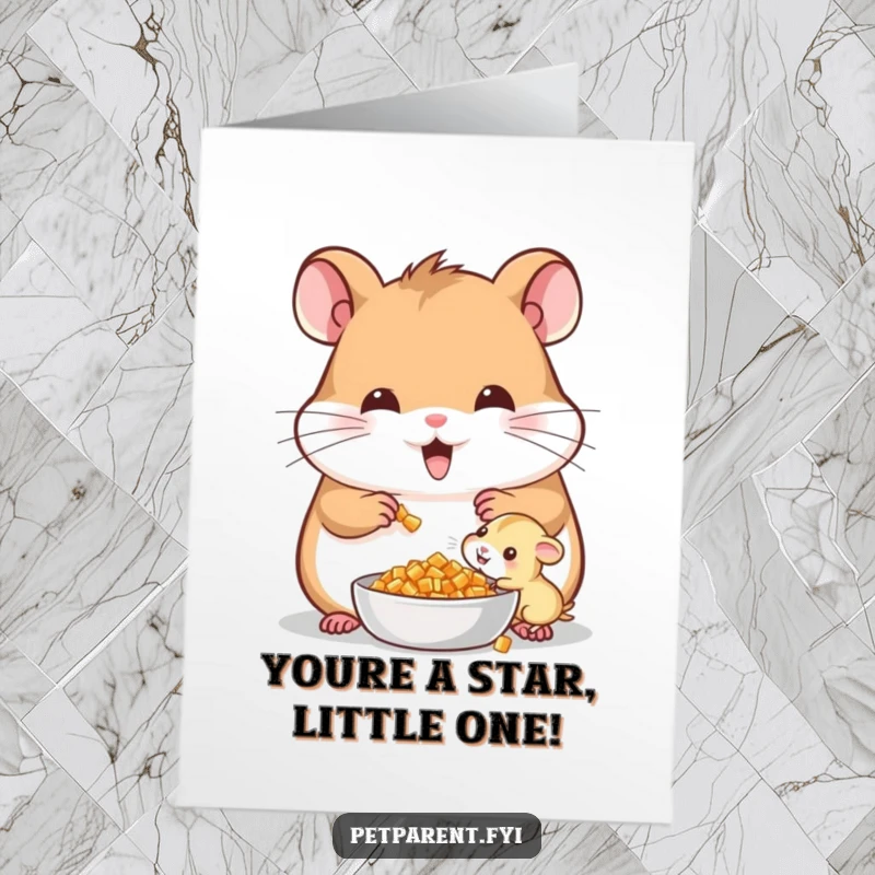 Funny Free Printable Congratulations Card featuring a cheerful hamster sharing food with its tiny offspring, a symbol of nurturing and success.