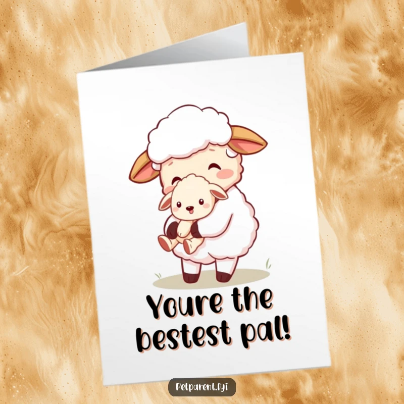 Funny Free Printable Congratulations Card: Adorable sheep embracing a tiny puppy, perfect for congratulations.