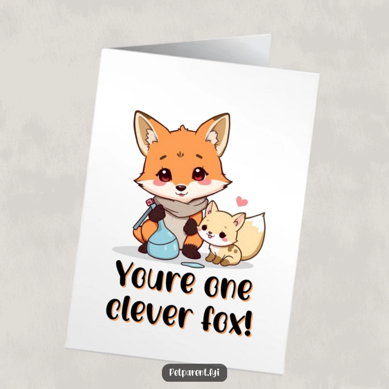 Funny Free Printable Congratulations Card: Responsible fox character cleaning up mess, symbolizing order and achievement.