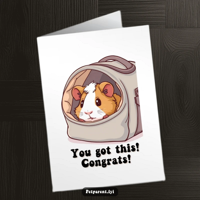 Funny Free Printable congratulations card with a content guinea pig peeking out of a cozy, fabric-lined carrier bag.