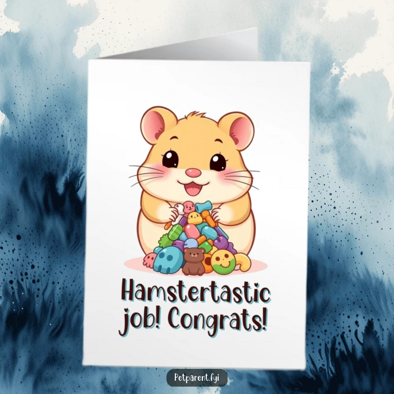 Funny Free Printable congratulations card with a happy hamster proudly presenting a small pile of colorful pet accessories.