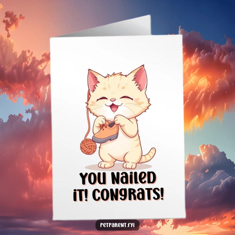 Funny Free Printable congratulations card with a cute kitten gleefully batting at a dangling yarn ball shaped like a tiny shoe.