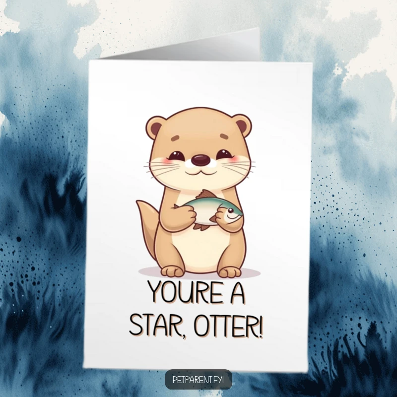 Funny Free Printable Congratulations Card: Caring otter character holding a tiny fish, symbolizing a great accomplishment.
