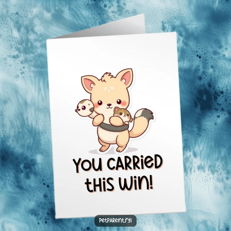 Funny Free Printable Congratulations Card: Playful animal enthusiastically carrying a companion on its back.