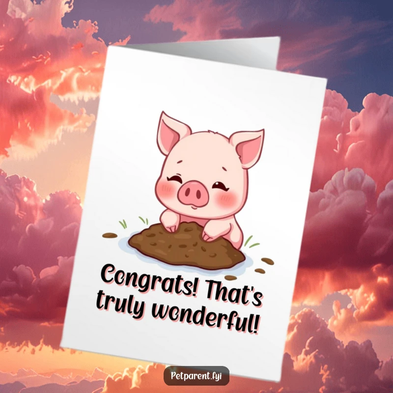 Funny Free Printable Congratulations Card: Blushing piglet presents a small mud puddle to a friend, celebrating shared joy.