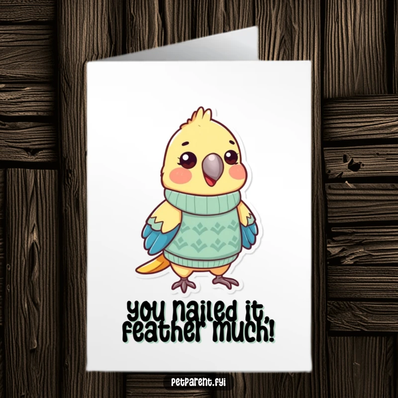 Funny Free Printable Parrot Congratulations Card showing a parrot in a cozy sweater, perfect for celebrating any happy event.