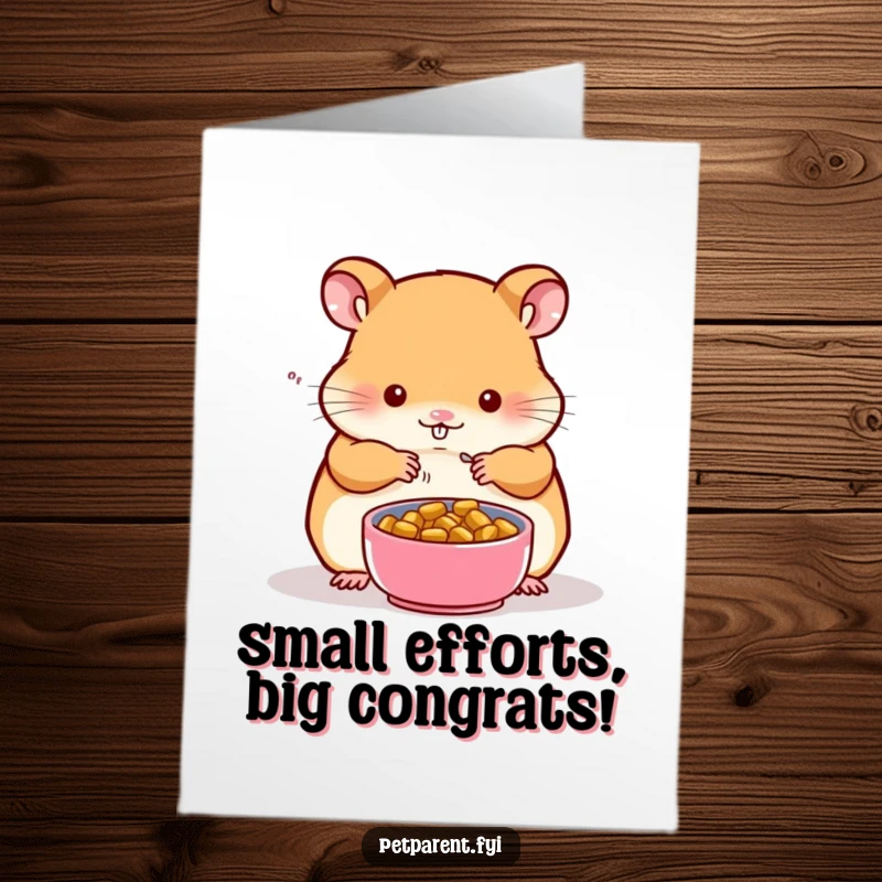 Funny Free Printable Hamster Congratulations Card of a hamster prepping a tiny food bowl, symbolizing shared joy and success.