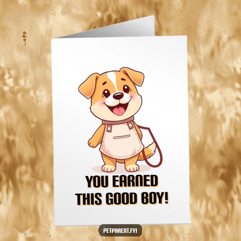 Free Printable Congratulations card featuring a happy dog in an apron, holding a leash, celebrating success with a wagging tail.