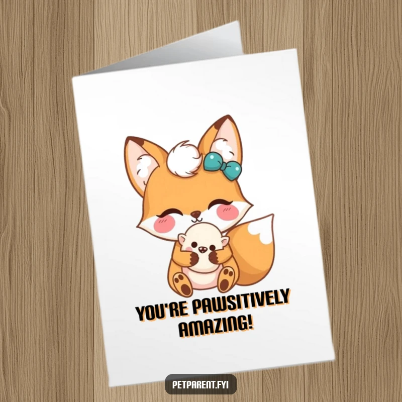 Funny Free Printable Kawaii Fox Congratulations Card: Adorable fox clutches a fluffy toy, expressing pure delight.
