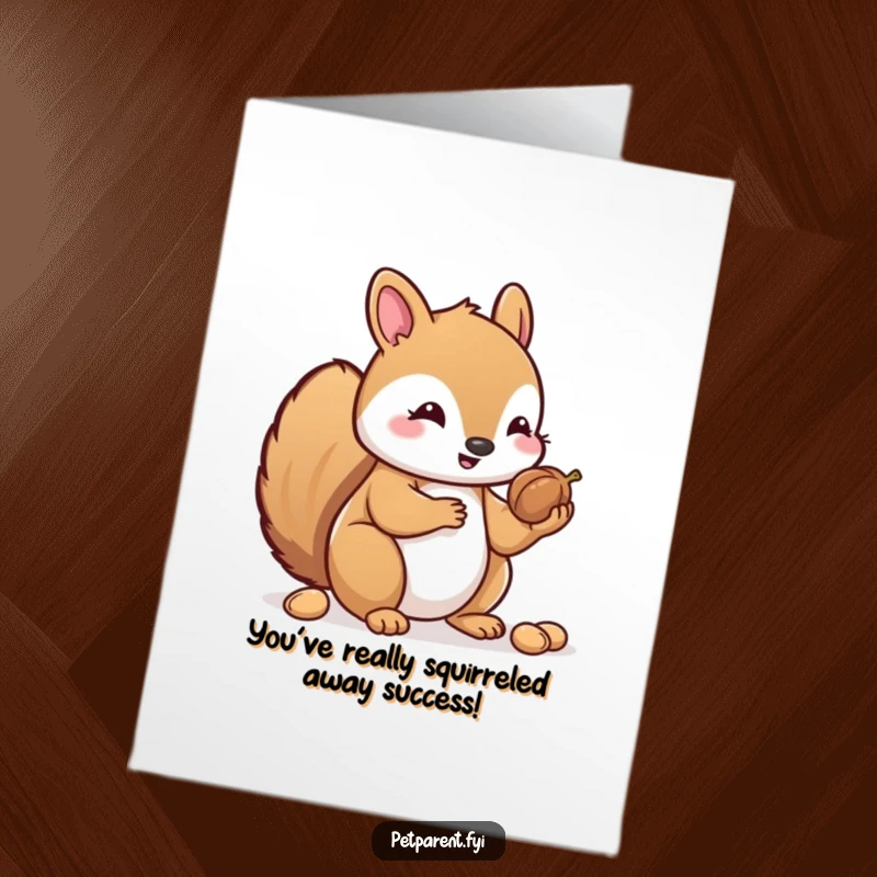 Funny Free Printable Kawaii Squirrel Congratulations Card: Adorable squirrel generously distributes its stored nuts.
