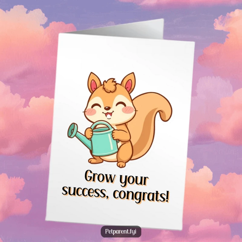Funny Free Printable Congratulations Card: A joyful squirrel waters a plant, symbolizing growth and achievement. A unique DIY gift.