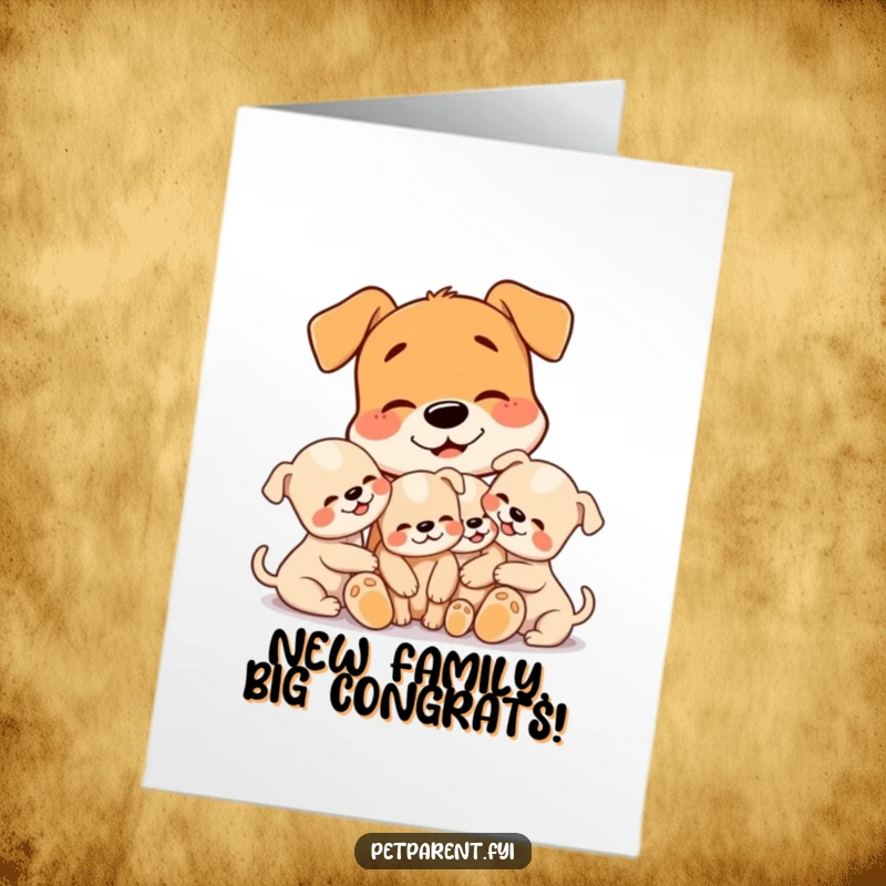 Funny Free Printable Dog Congratulations Card showing a dog embracing tiny puppies, ideal for celebrating new life.