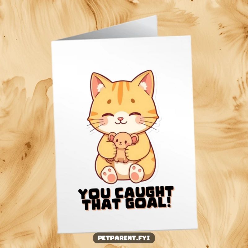 Funny Free Printable Congratulations Card with a proud cat character holding a small toy mouse, celebrating a successful hunt.