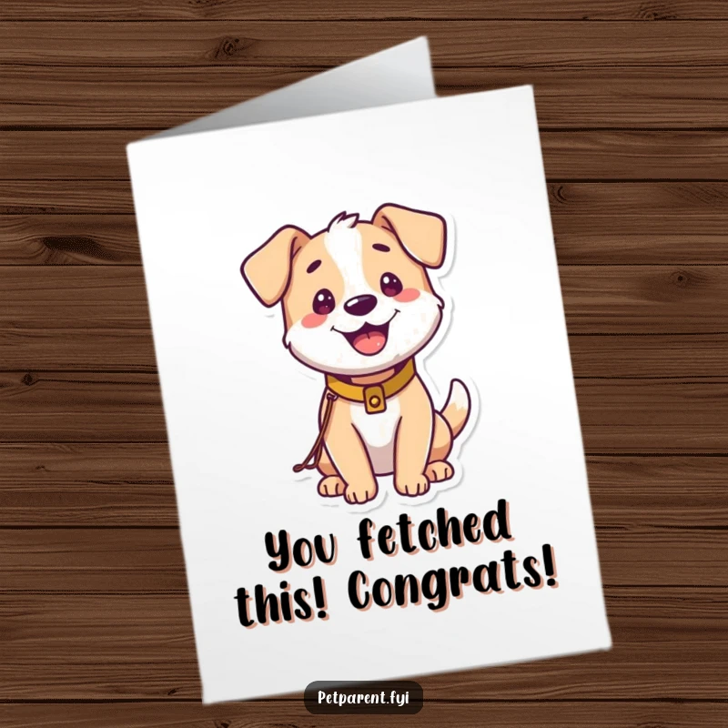 Funny free printable congratulations card featuring a cheerful dog wearing a small leash and collar, celebrating new beginnings.