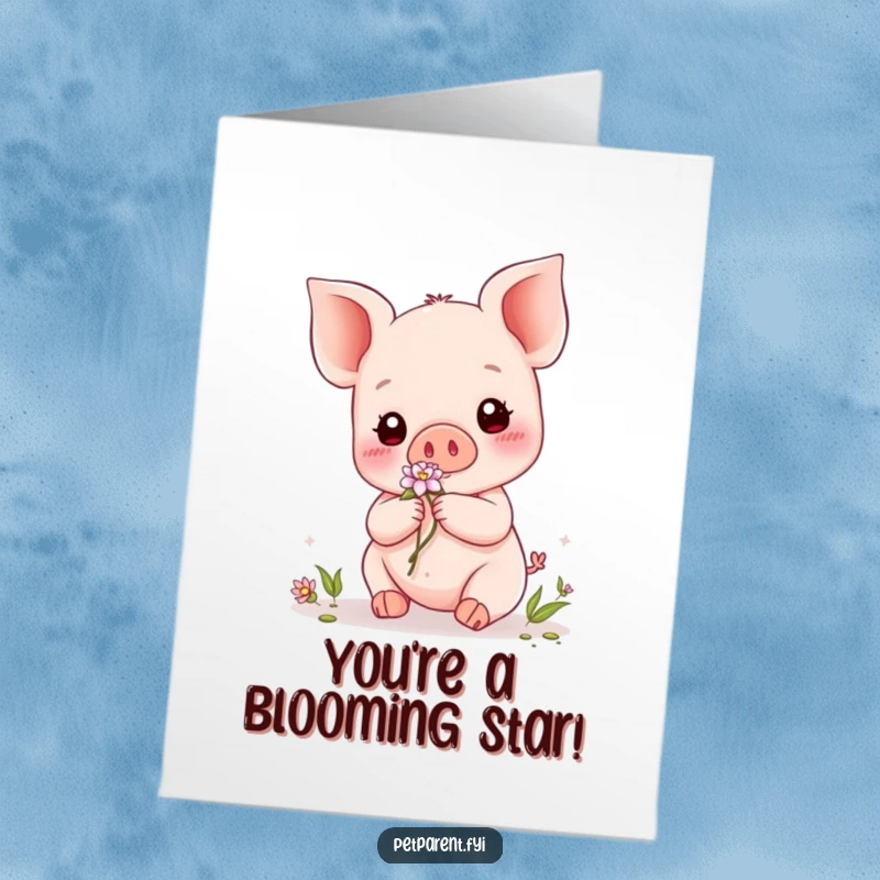 Funny Free Printable Kawaii Piglet Congratulations Card: Adorable piglet adorns a friend with a beautiful bloom.