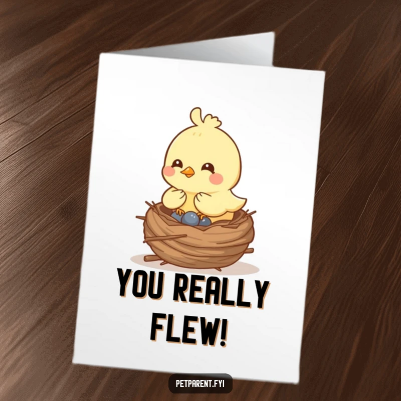 Funny Free Printable Congratulations Card: Cheerful bird building cozy nest, new home or baby celebration, print at home.