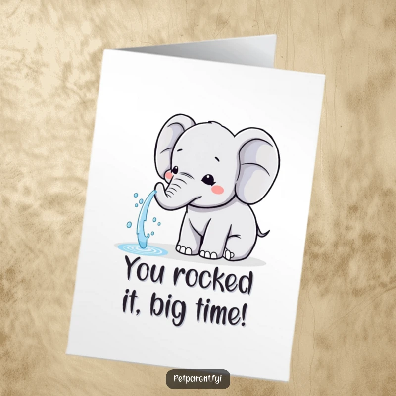 Funny Free Printable Kawaii Elephant Congratulations Card: Adorable elephant aims a gentle stream of water for fun.