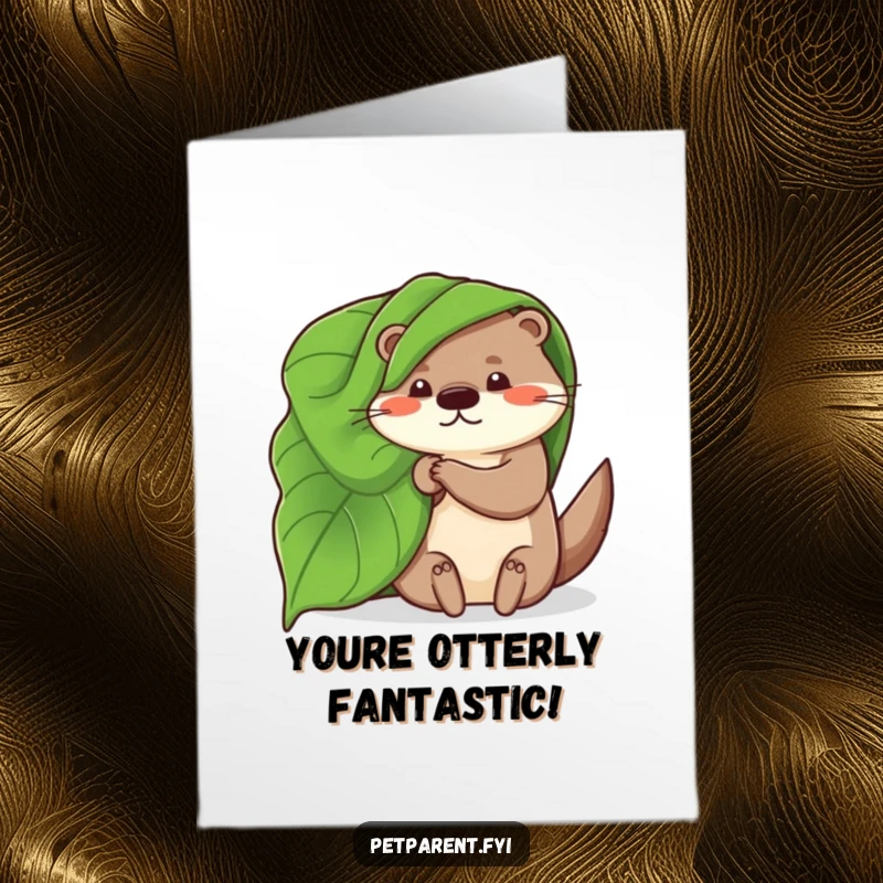 Free printable congratulations card: A whimsical otter rests under a leaf blanket, depicting comfort and relaxed success.