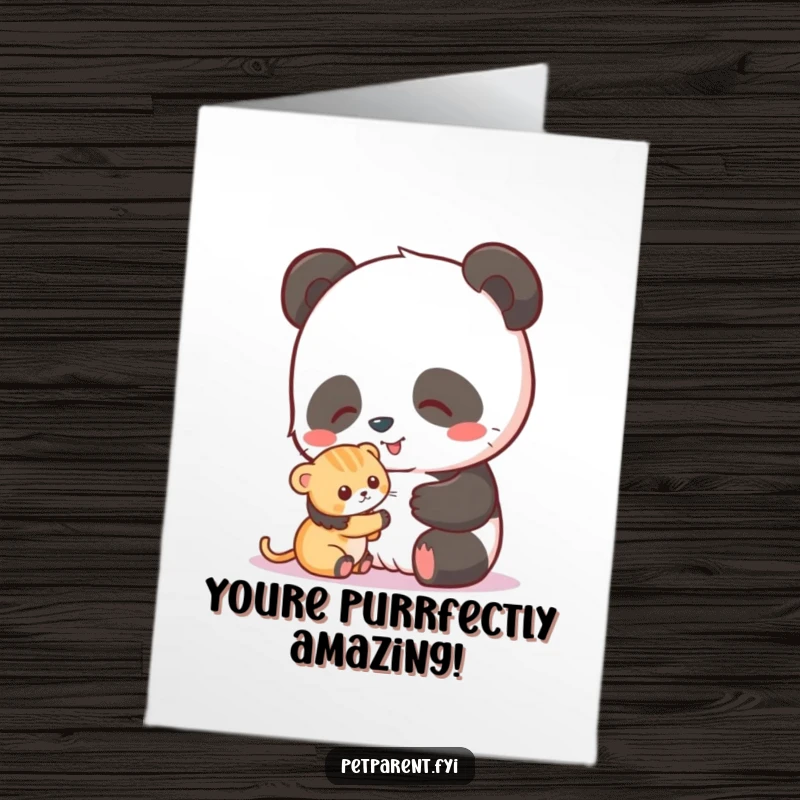 Funny Free Printable Congratulations Card: A happy panda lovingly pets a small kitten, celebrating your success. A heartwarming DIY gift.