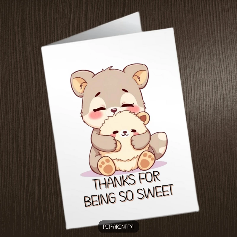 Funny Free Printable thank you card with an animal character cuddling a fluffy stuffed animal with loving affection.