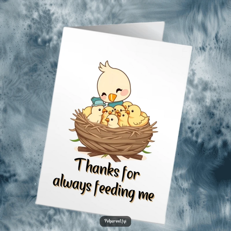 Funny Free Printable Bird Thank You Card of a bird feeding chicks, perfect for expressing gratitude and care.