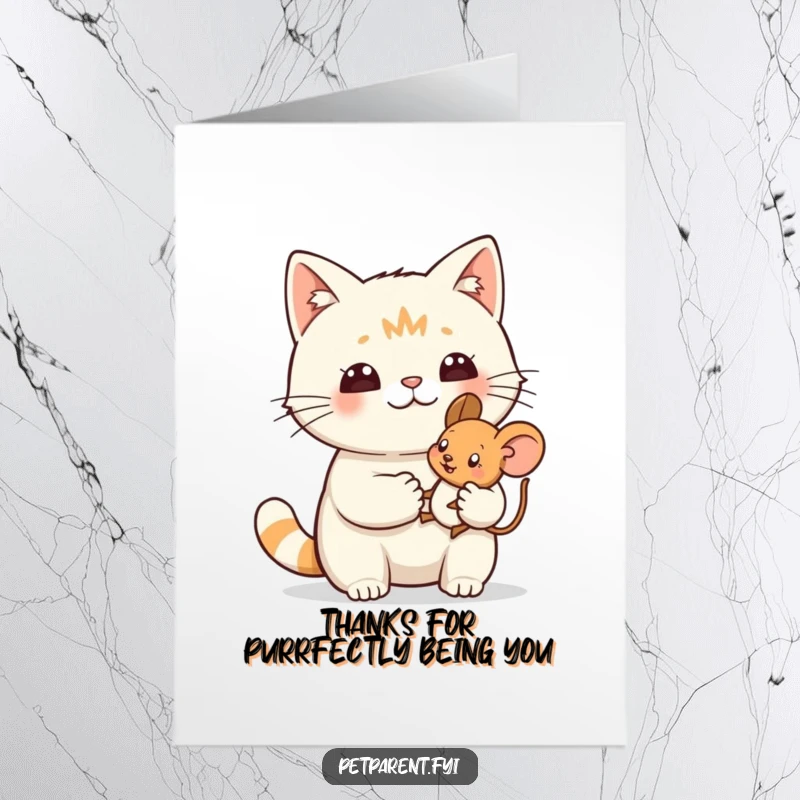 Funny Free Printable Thank You Card of a proud cat holding a small toy mouse, conveying appreciation with victorious humor.