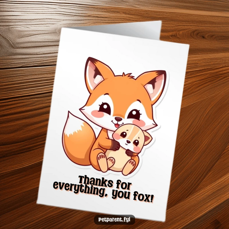 Funny Free Printable Thank You Card: A sweet fox gently holding a puppy, conveying sincere thanks. A thoughtful DIY gift.