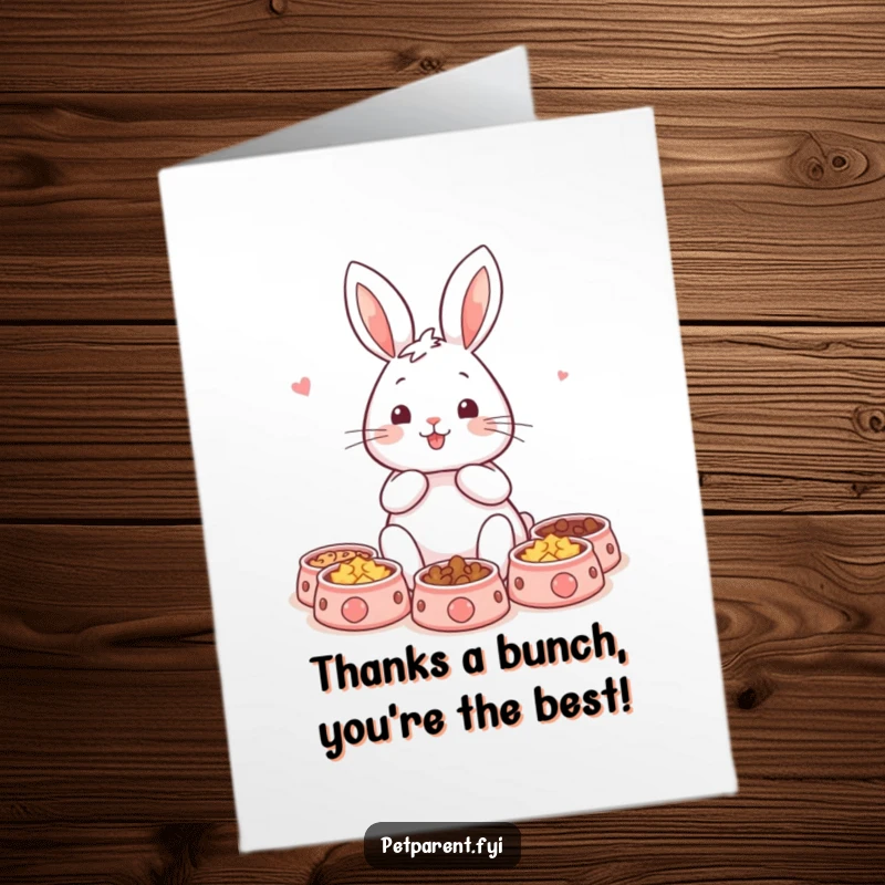 Funny Free Printable Rabbit Thank You Card featuring a rabbit with pet bowls, conveying heartfelt thanks.