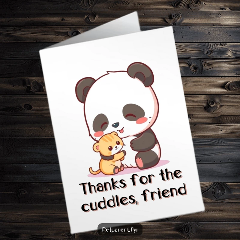 Funny Free Printable Thank You Card: A happy panda pets a small kitten, conveying heartfelt thanks. A cute DIY gift.