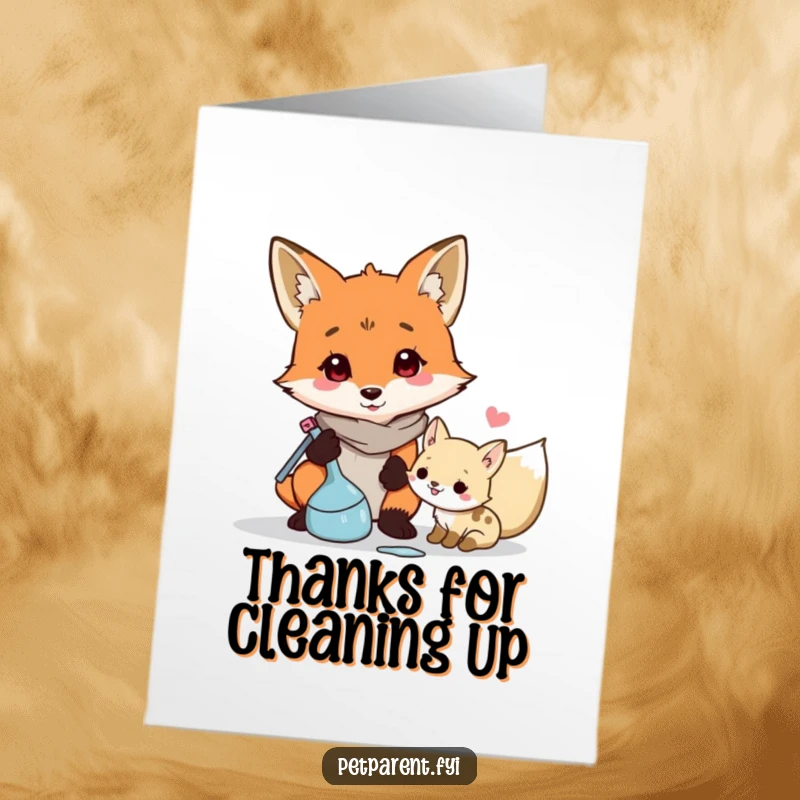 Funny Free Printable Thank You Card: A responsible fox character cleaning up after a child, showing helpfulness.