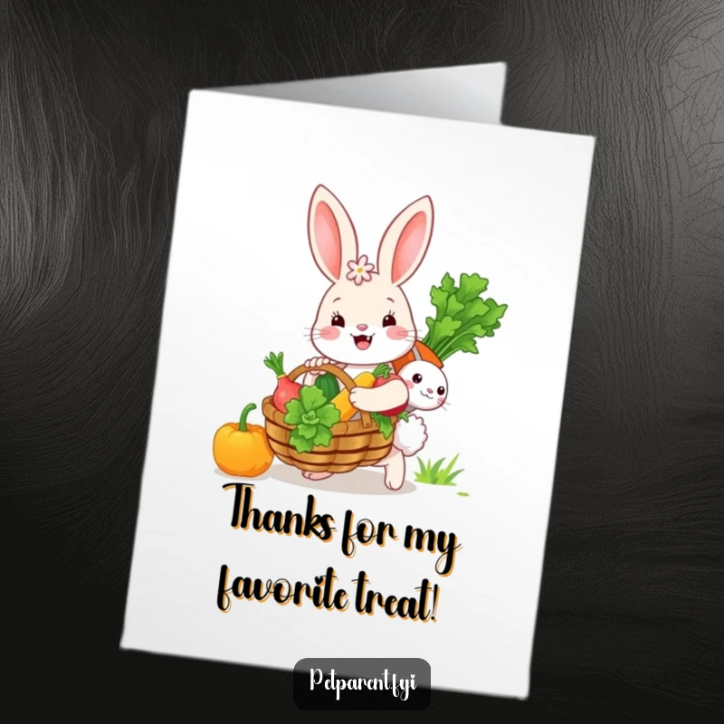 Funny Free Printable Thank You Card: A cheerful bunny offers a large basket packed with colorful, fresh vegetables.
