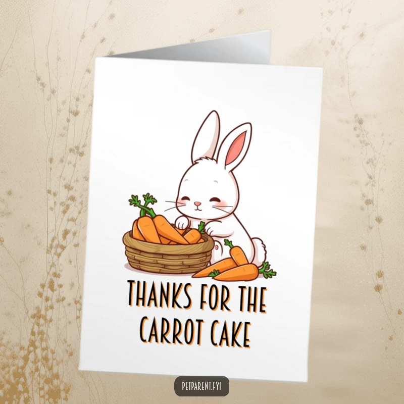 Funny Free Printable Thank You Card featuring a patient rabbit character looking lovingly at a basket of carrots, a gesture of heartfelt thanks.