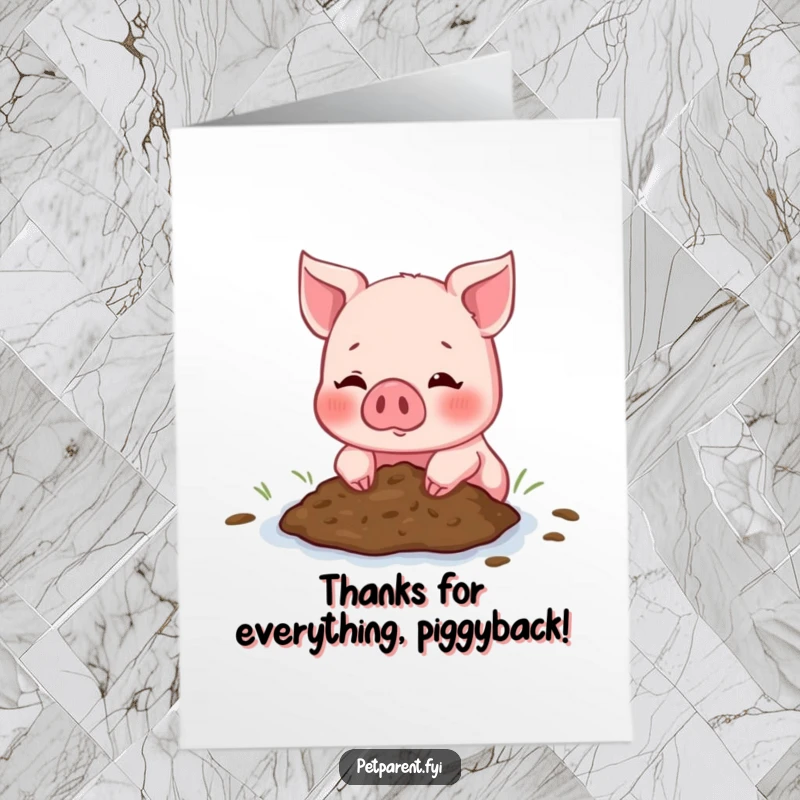 Funny Free Printable Thank You Card: A blushing piglet offers a tiny mud puddle as a gesture of thanks to a friend.