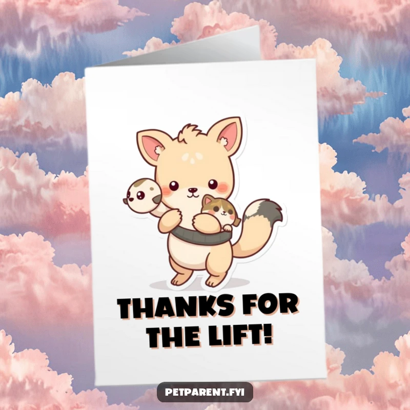 Funny Free Printable Thank You Card: Playful animal character offering a fun ride on its back.