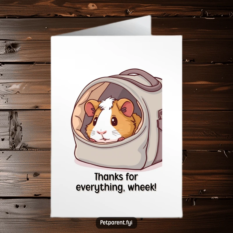 Funny Free Printable thank you card featuring a content guinea pig peeking out of a cozy, fabric-lined carrier bag.